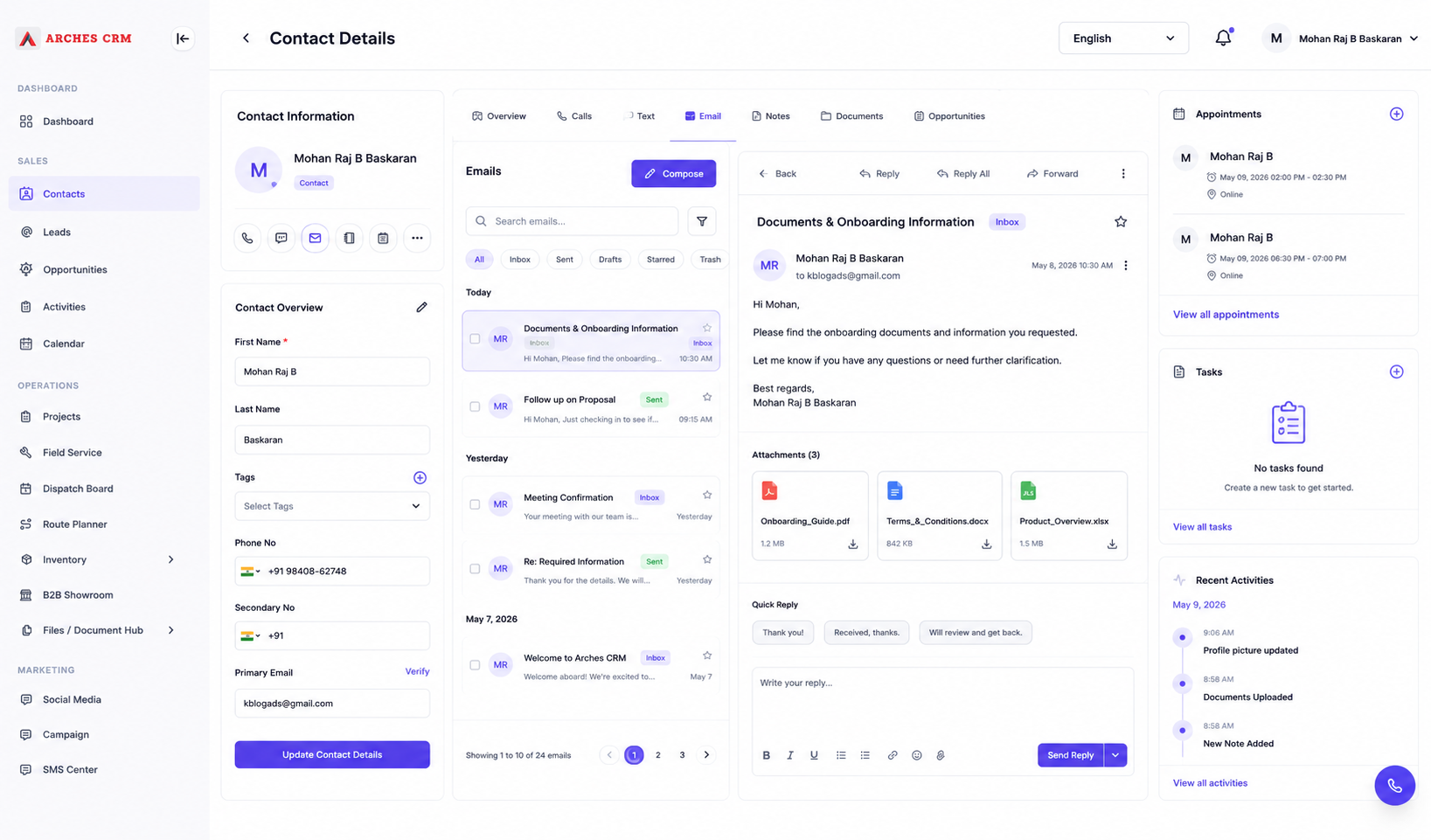 Arches CRM dashboard showing contacts, pipeline, conversations and tasks