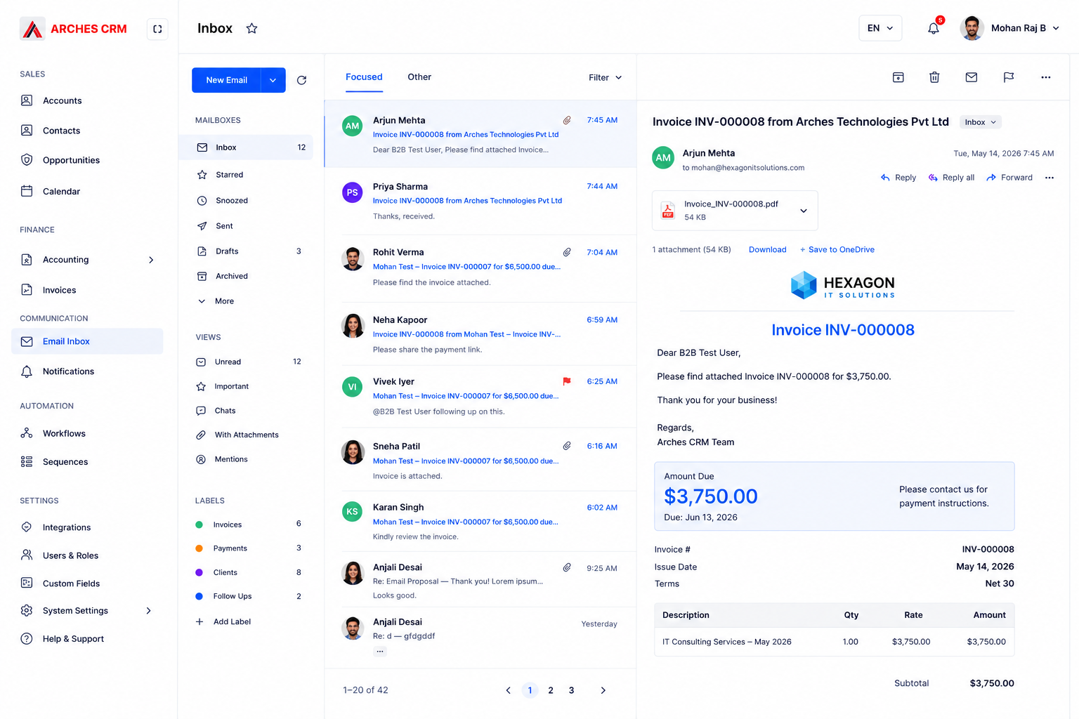 Arches CRM email inbox and customer communication