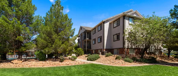 Oasis Palms apartment buildings and outdoor community areas
