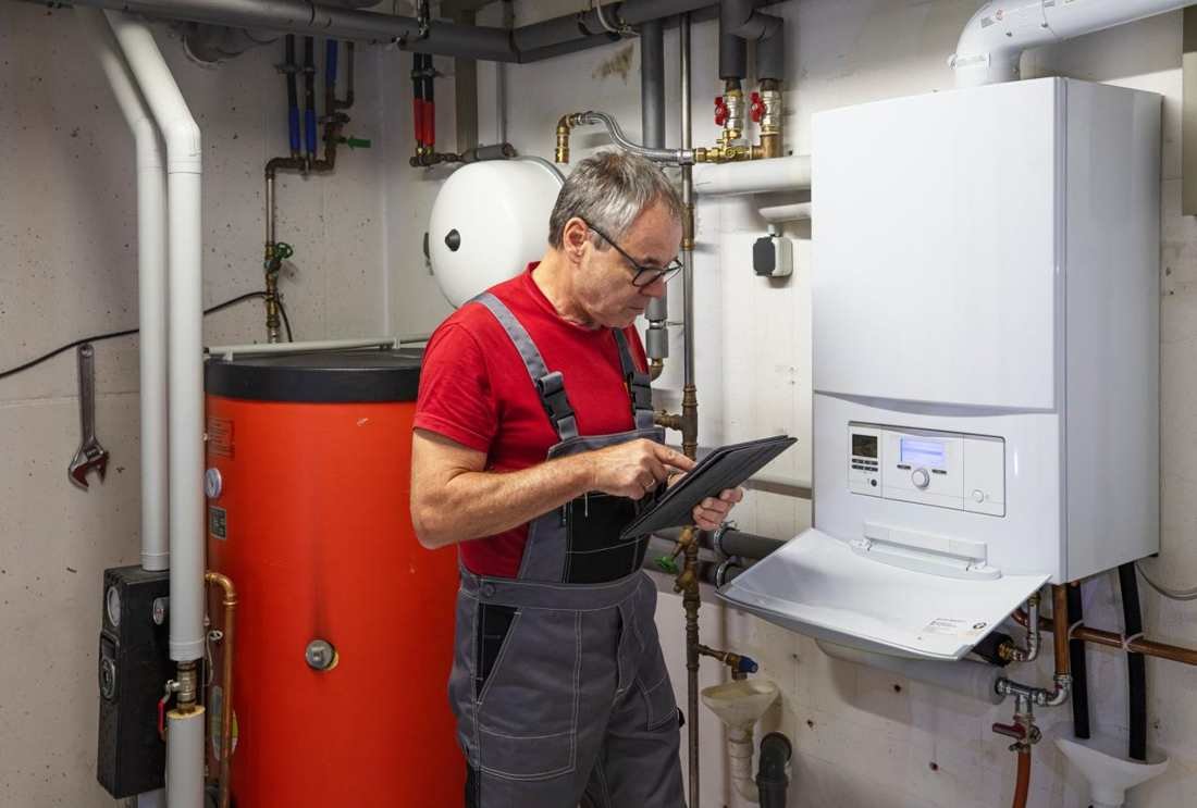 Tankless water heater installer working in a Utah home