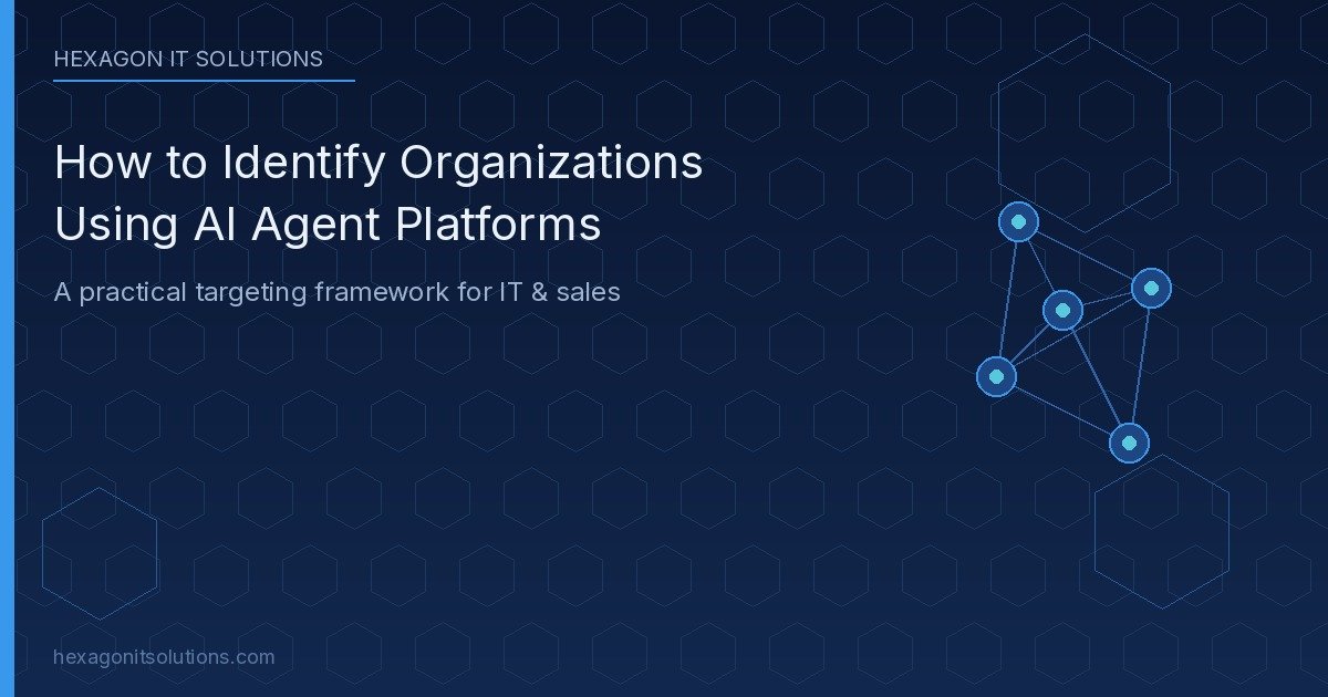 Network of connected agent nodes on a navy hexagon background for AI agent platform targeting