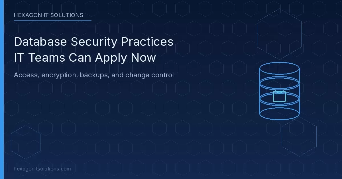 Stylized database cylinders with a lock icon on a navy hexagon tech background