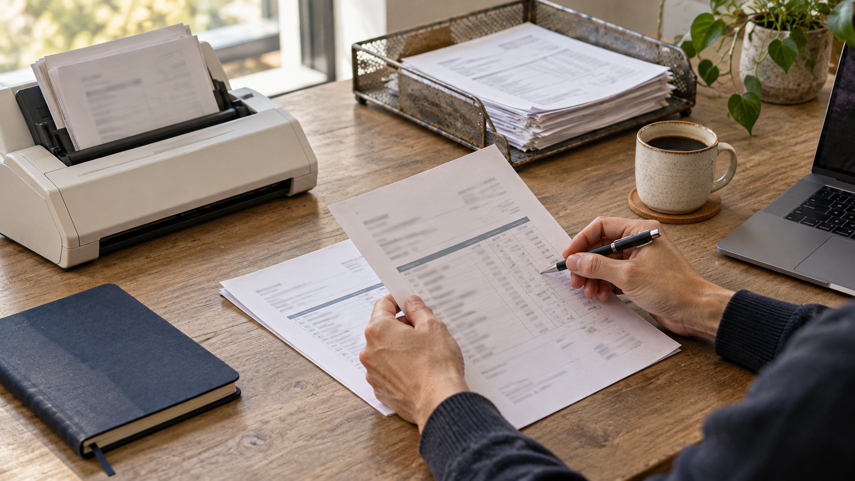 Hands compare invoice documents beside a scanner, paper tray, and laptop on an office desk.