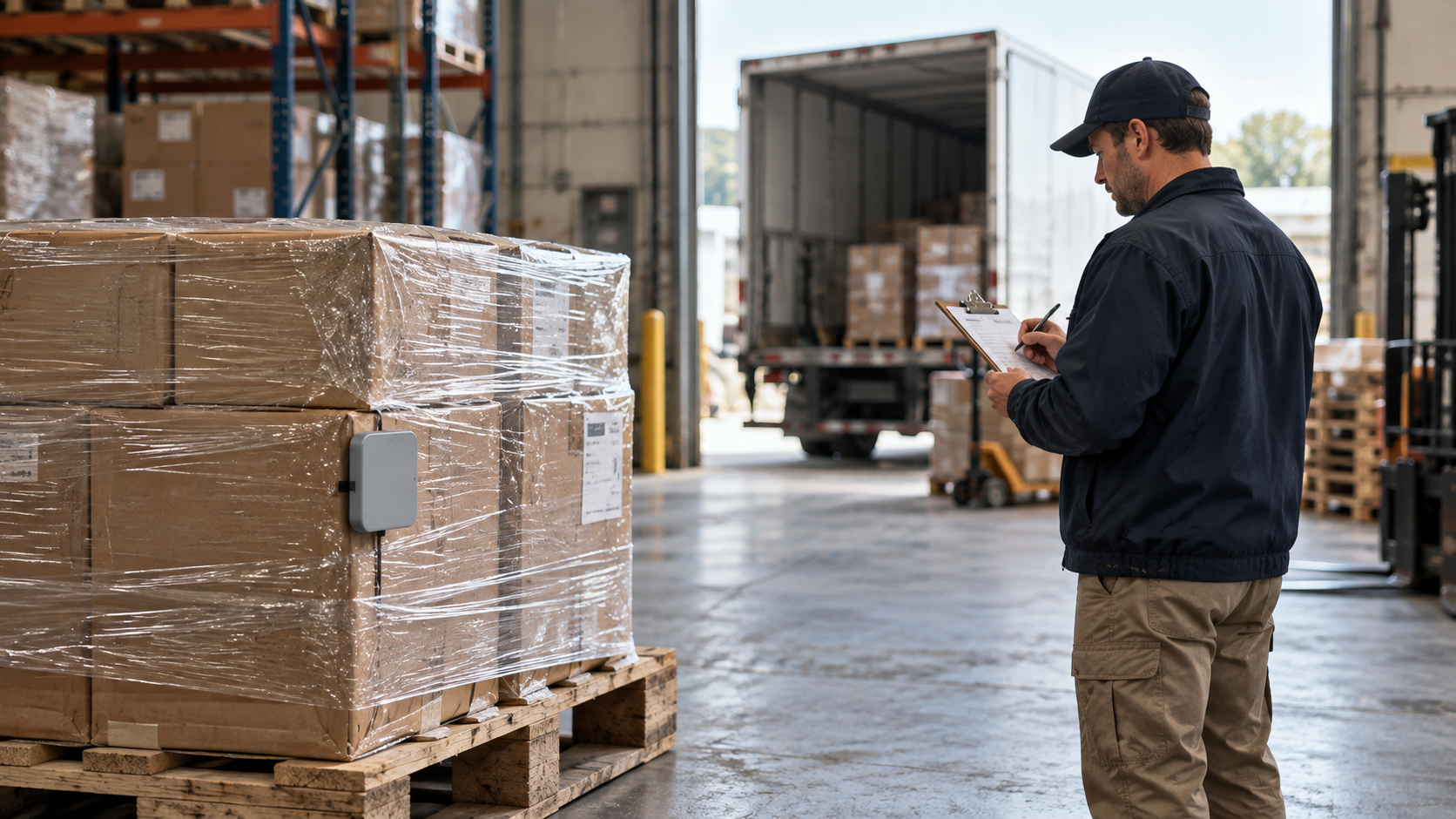 Dispatcher checks a shipment beside a wrapped pallet fitted with a small sensor in a warehouse loading area.