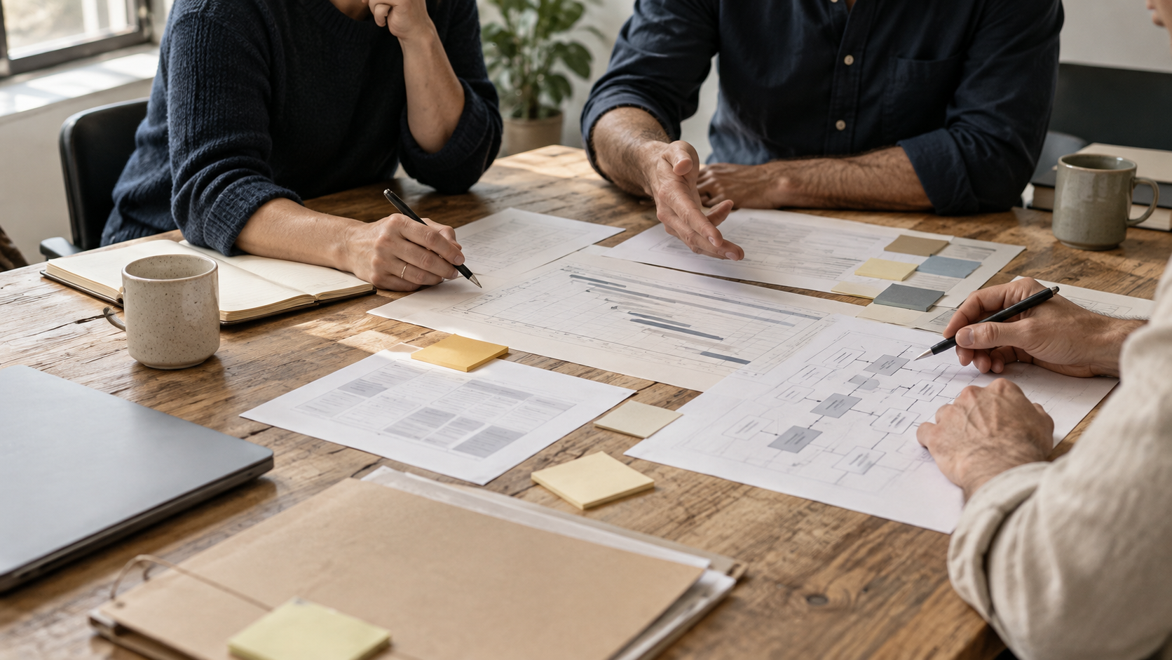 Colleagues compare printed software project plans and notes around a meeting table.