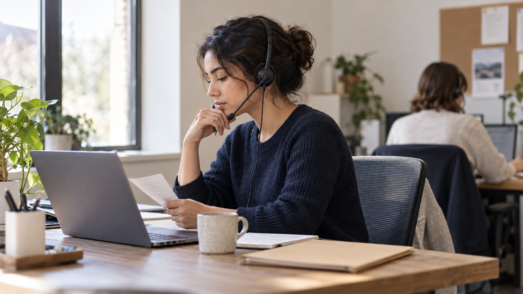 Support specialist wearing a headset reviews a note beside a laptop at a naturally lit office desk.