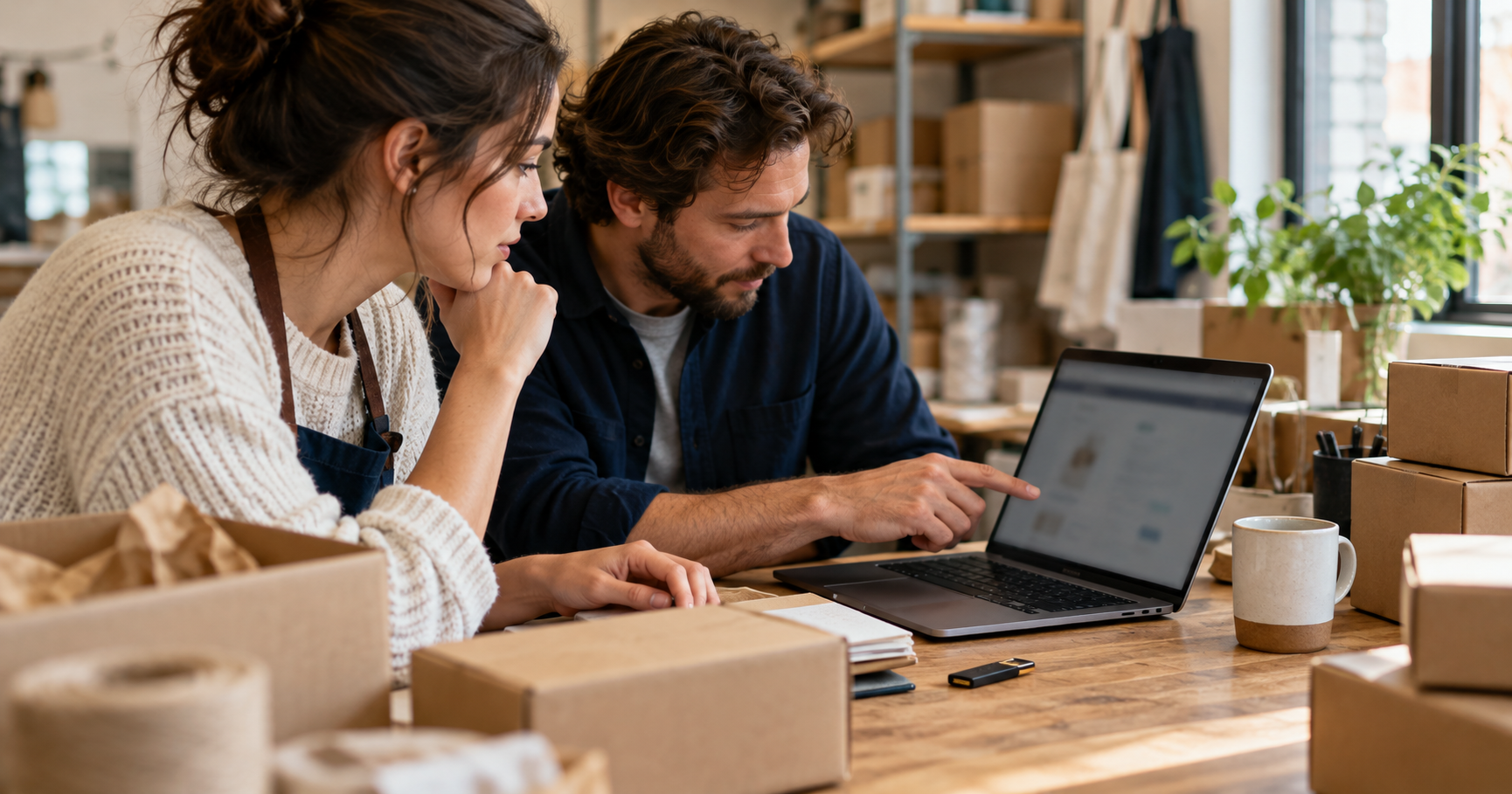 Retail operations team reviewing an online order at a packing desk.