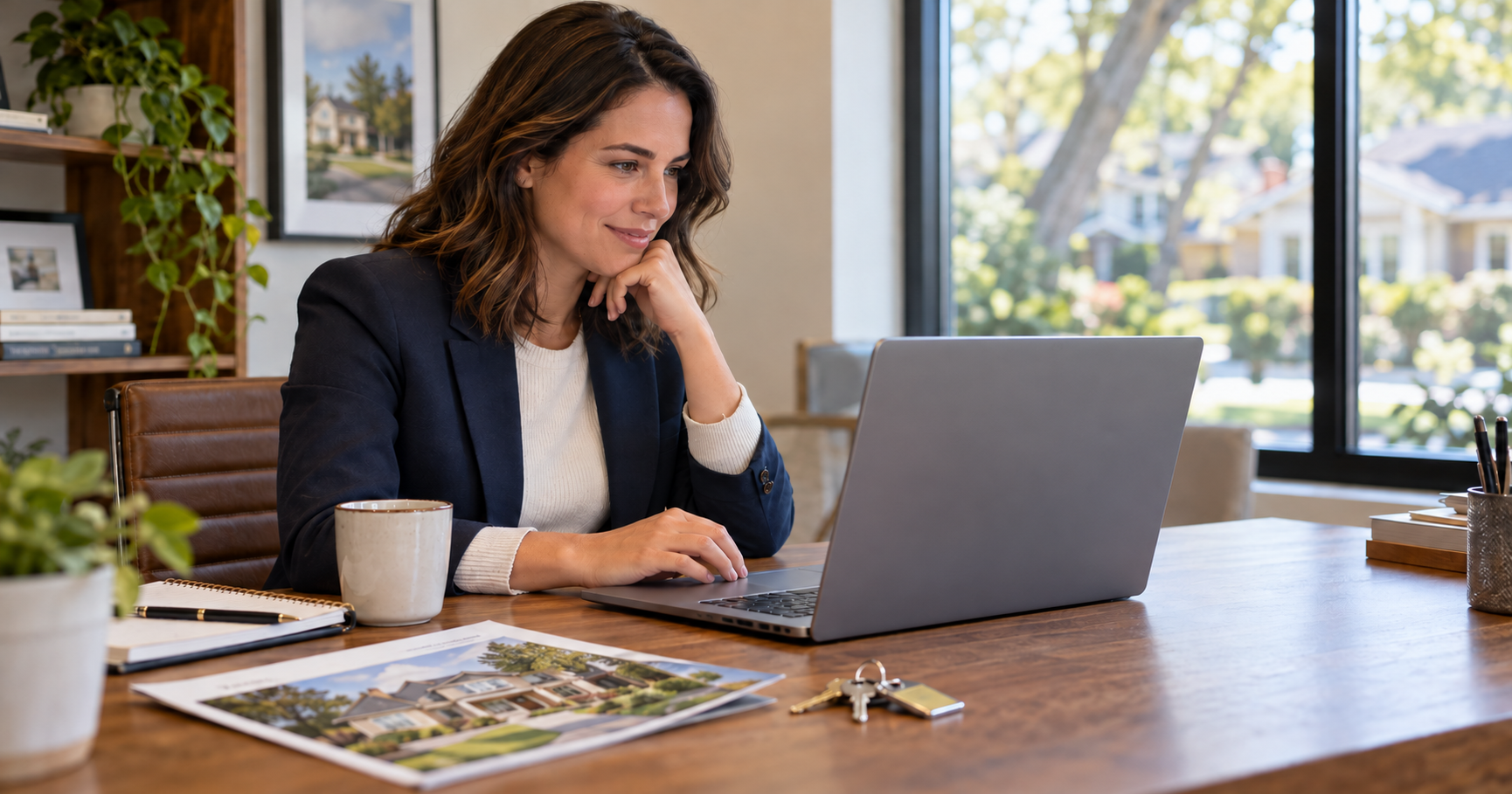 Real estate agent reviewing client follow-ups at a property office.