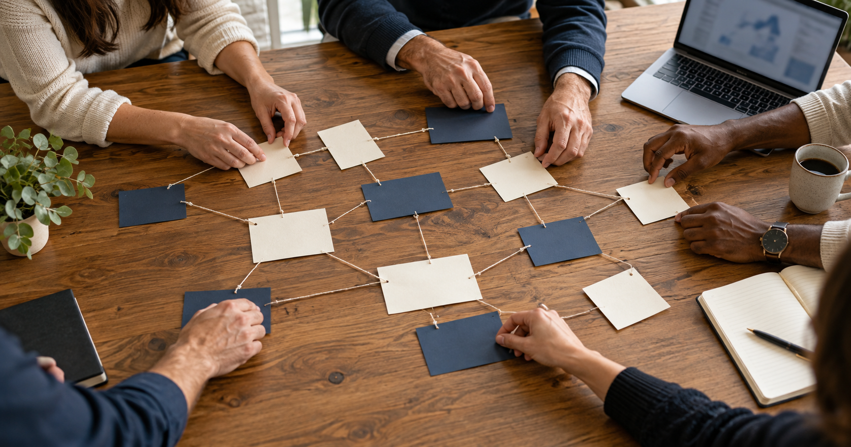 IT team mapping application dependencies during a planning workshop.