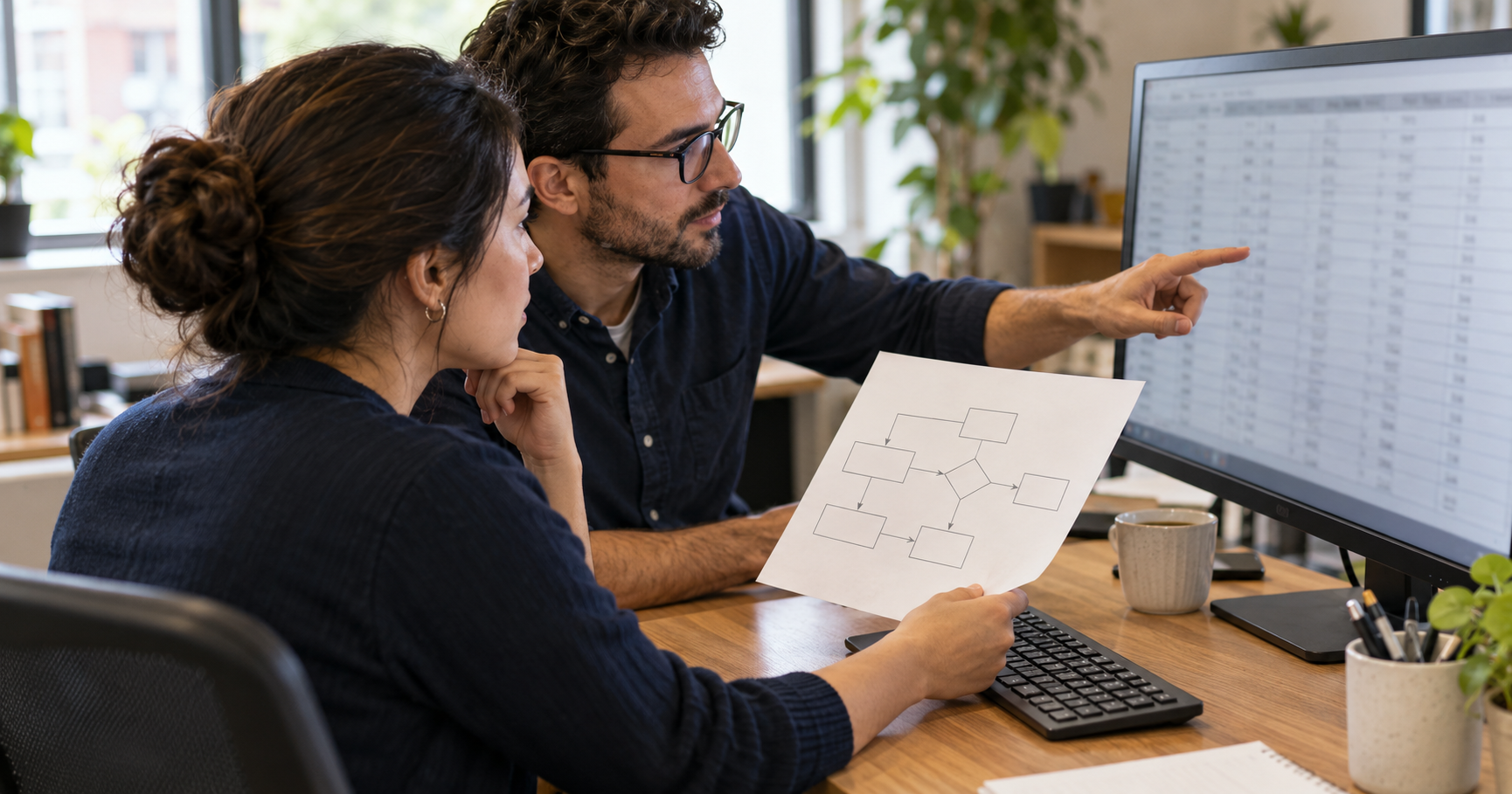 Two colleagues review a blurred table on a desktop monitor and a paper workflow diagram in a daylight office.