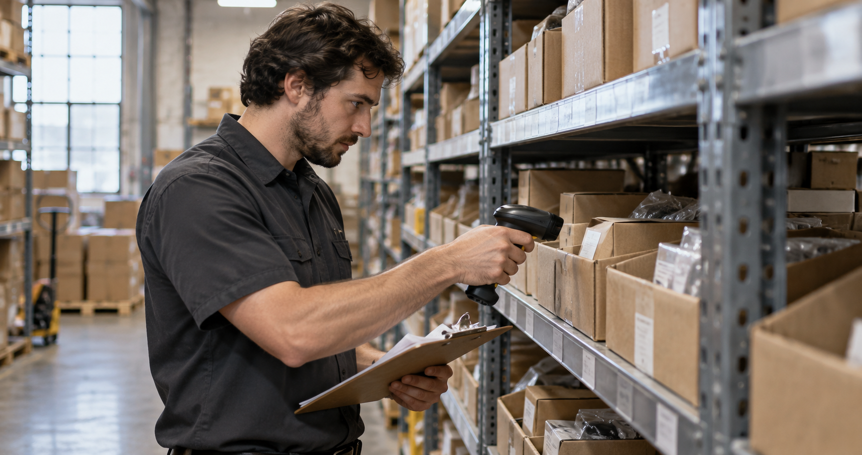 Warehouse worker checks a shelf bin with a barcode scanner and clipboard during an inventory cycle count.