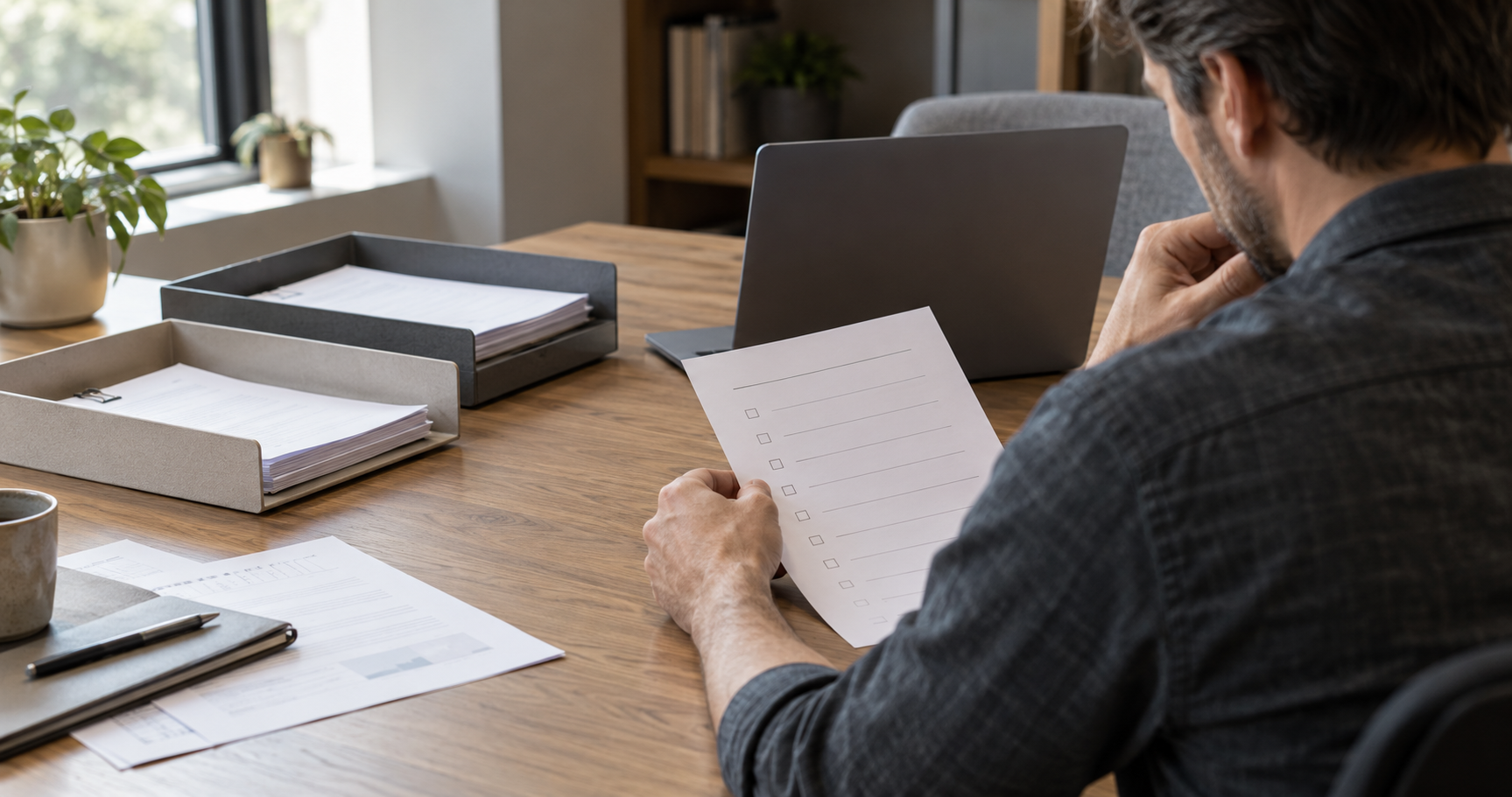 Analyst reviewing a paper checklist beside a laptop and separate work trays in a naturally lit office.