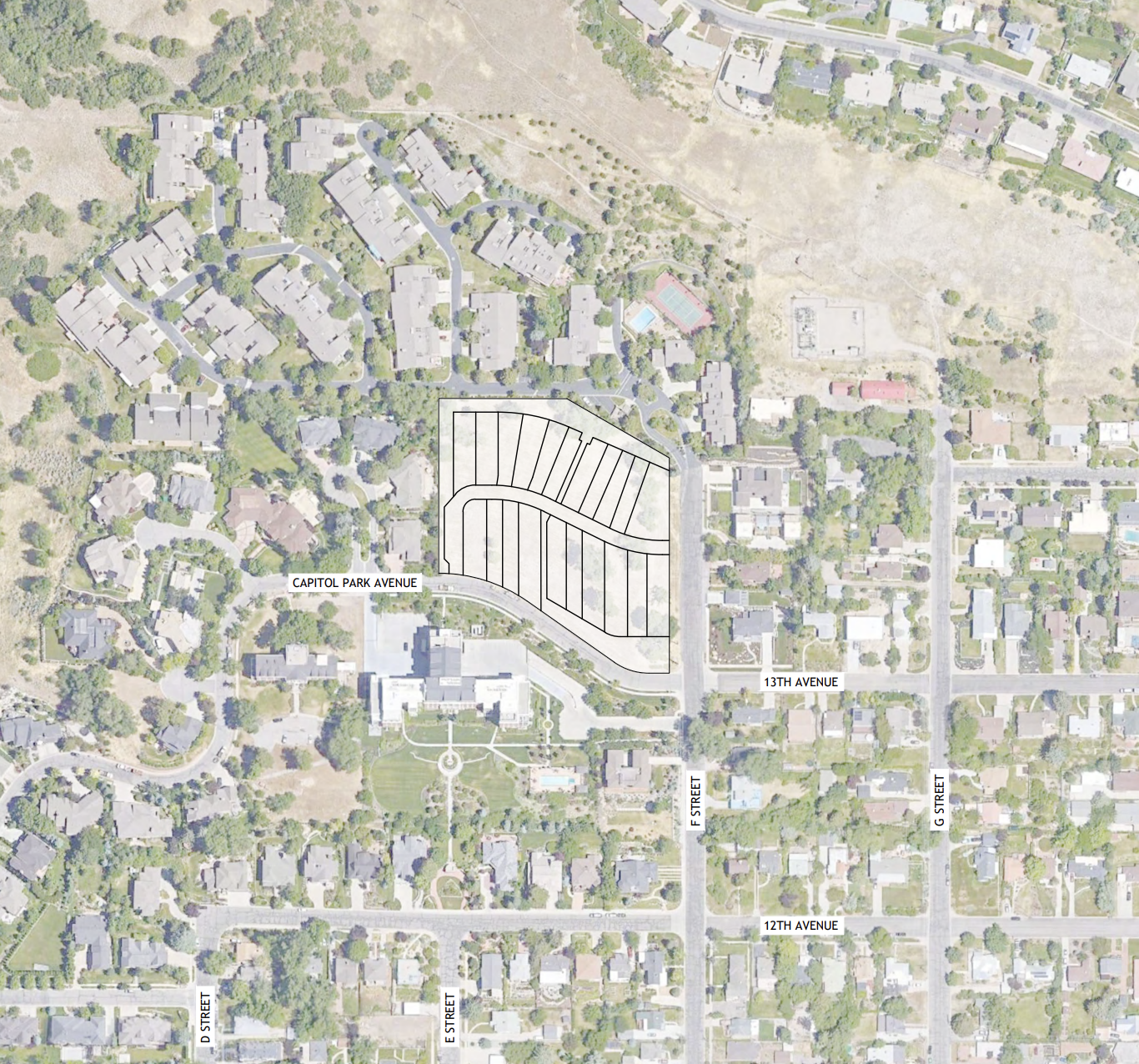 Aerial vicinity map showing Capitol Park Cottages in The Avenues