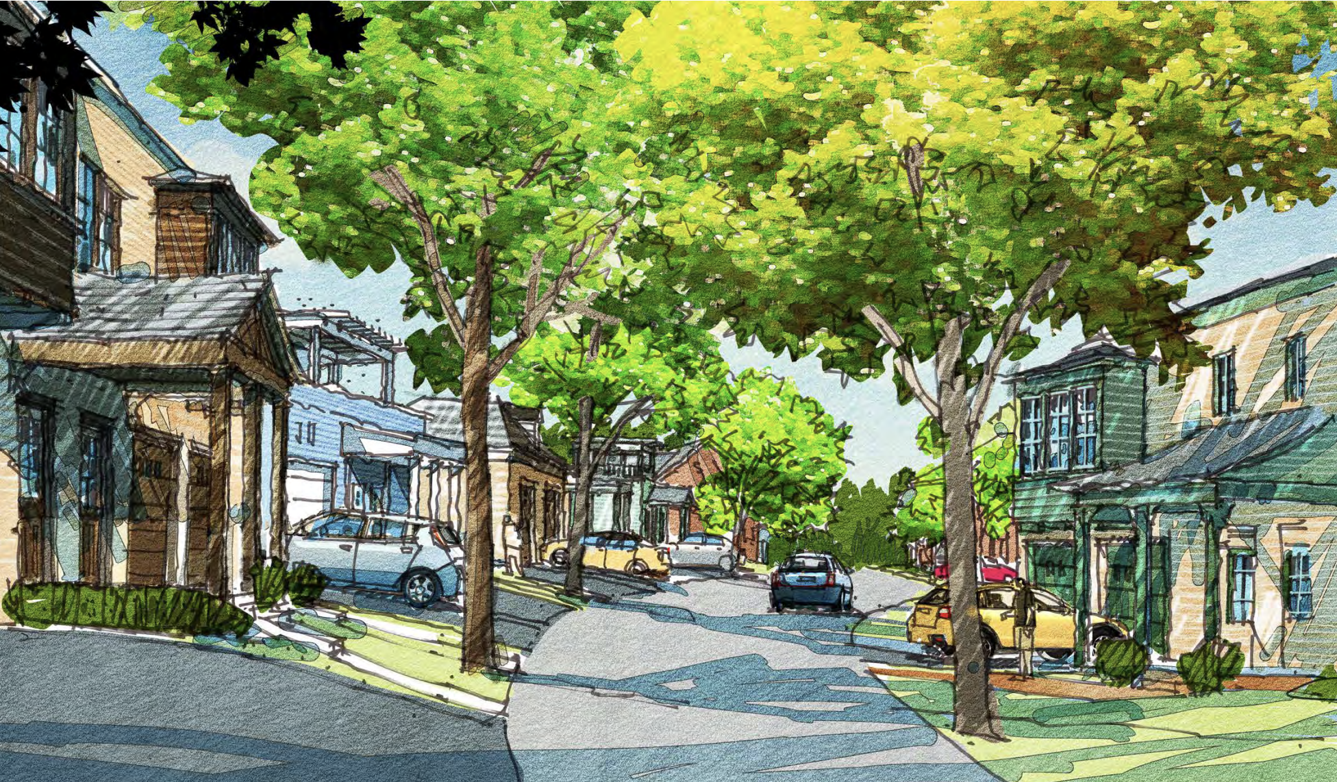Watercolor view of the new internal street looking east