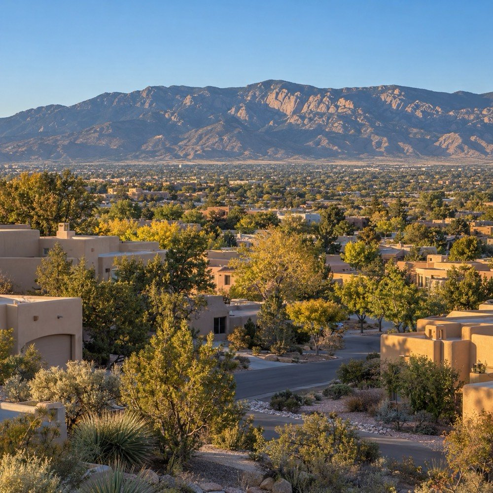 AI-generated Albuquerque-inspired neighborhood view with the Sandia Mountains